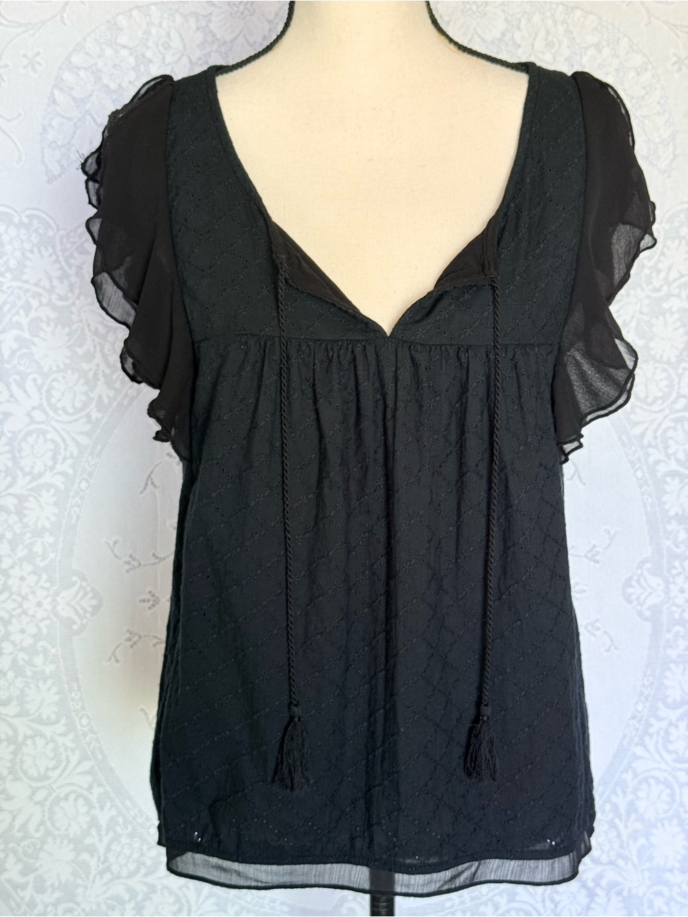 Hollister Black Eyelet Embroidered Boho Babydoll Blouse Tassel Flutter Sleeve M
